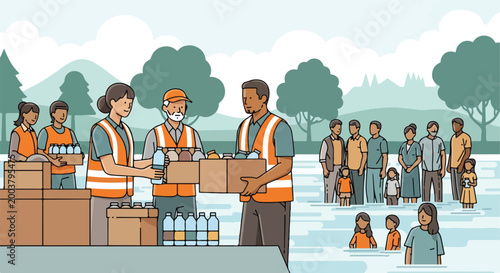 Volunteers handing out water and supplies to people standing in flooded water