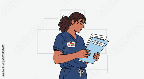 A nurse in blue scrubs examining patient files with a pride badge on her chest