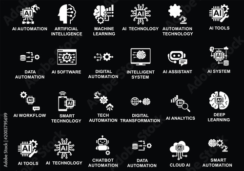 AI tools and automation icon set featuring artificial intelligence, machine learning, deep learning, chatbot, neural network, smart technology, and digital transformation symbols.