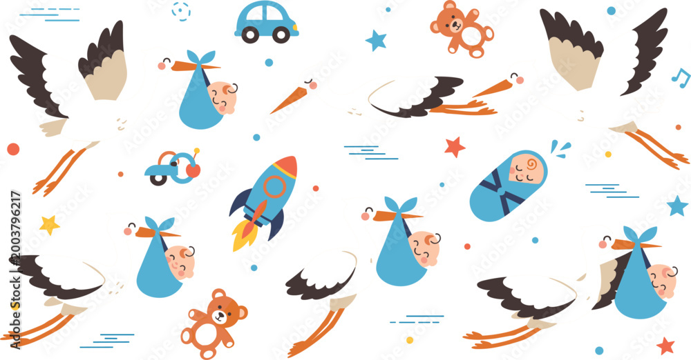 Fototapeta premium Seamless Baby Shower Pattern with Stork, Newborn, Toys, Rocket, and Cute Nursery Elements, Adorable Repeating Background for Kids Fabric and Wrapping Design