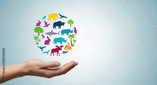 Protecting biodiversity Hand cradling a sphere filled with diverse animal and plant icons symbolizing nature's conservation