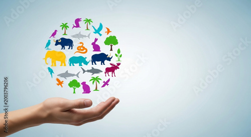 World Biological Diversity Day Human hand supporting a vibrant sphere of diverse animal and plant icons, symbolizing global biodiversity and environmental protection