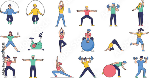 People Fitness Workout Cartoon Vector Set with Jump Rope, Strength Training, Cardio Exercises, Dumbbells, Stability Ball, and Healthy Lifestyle Gym Activities Design.