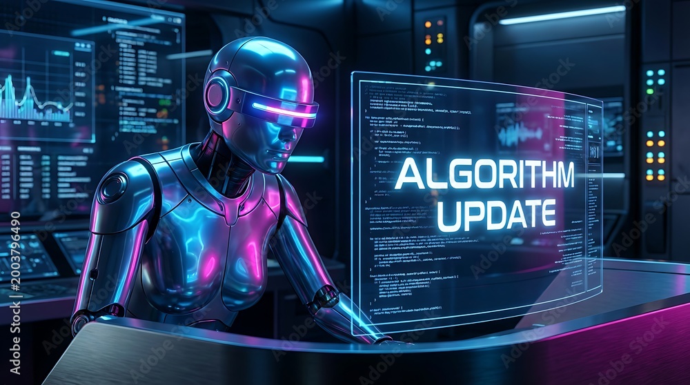 Fototapeta premium Futuristic chrome robot interacting with holographic display showing 'ALGORITHM UPDATE' text and complex code, vibrant neon blue and pink lighting, symbolizing artificial intelligence