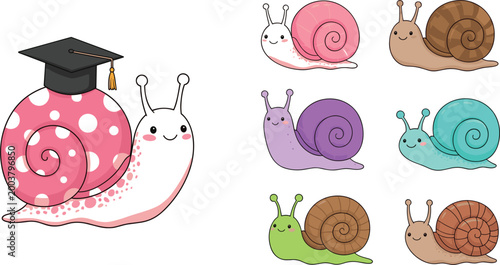 Cute snail cartoon characters set with colorful shells and graduation cap, adorable animal illustration for education, kids learning, and playful design projects