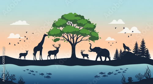 Vibrant ecosystem illustration showcasing diverse wildlife, majestic trees, and tranquil waters under a serene sky, symbolizing natural harmony and biodiversity
