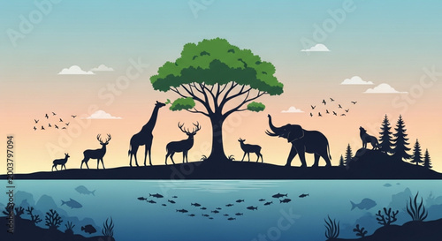 World Biological Diversity Day Diverse Wildlife Silhouettes Against a Serene Sunset Over a Tranquil Ocean with Lush Forest and a Majestic Tree
