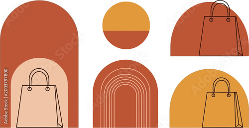 Abstract Boho Geometric Shapes with Shopping Bags, Minimalist Design Elements, Vector Graphics
