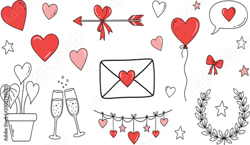 Valentines Day Love Doodle Vector Set with Hearts, Envelope, Balloon, Champagne Glasses, Arrow, Flowers, and Romantic Decorative Elements for Holiday Design.