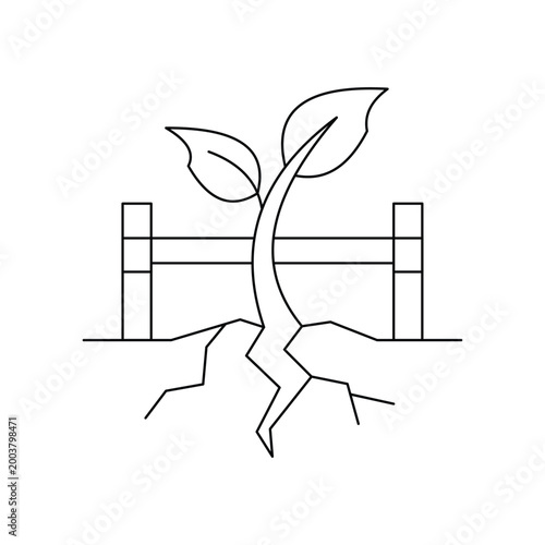 Plant growing through barrier crack line icon. Overcoming obstacles and resilience concept.Editable stroke, Vector illustration, Line art Icon, Symbols.