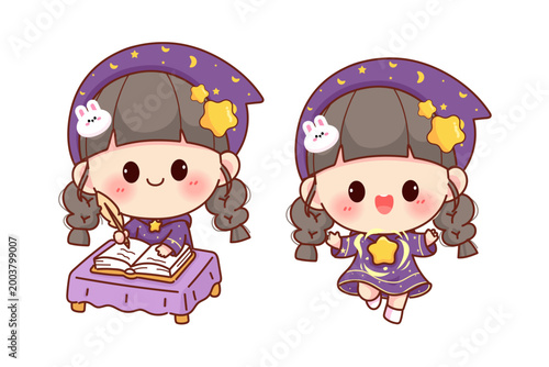 Kawaii Chibi Cute Witch Girl Purple Hat Star Moon Quill Writing Book Jumping Happy Magic Fantasy Cartoon Illustration