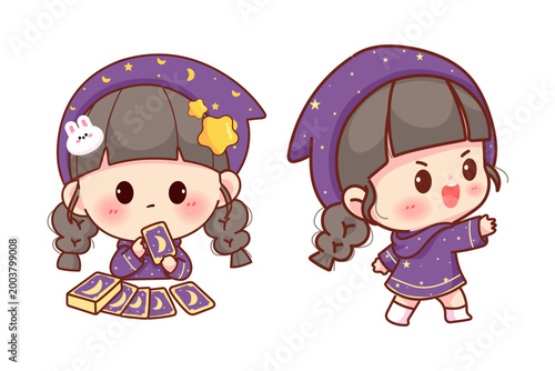Kawaii Chibi Cute Witch Girl Purple Magic Hat Star Moon Tarot Fantasy Cartoon Illustration