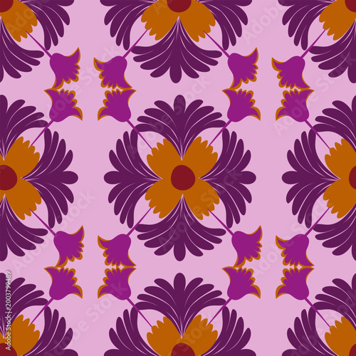 Hand-drawn elegant floral medallion pattern with purple and orange blossoms on a soft pink background for romantic stationery.