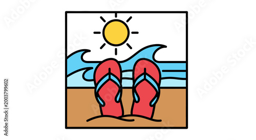Summer Beach Vacation Illustration with Flip Flops and Sun