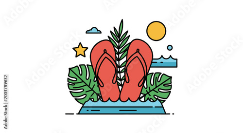 Summer vacation illustration with flip flops and tropical leaves