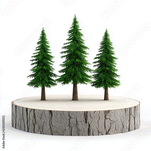 Three Evergreen Trees on a Wooden Stump