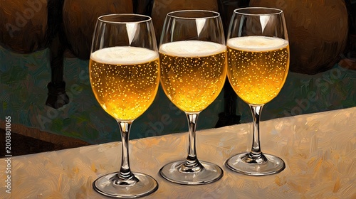 Three Glasses of Sparkling Golden Beer on Brown Surface