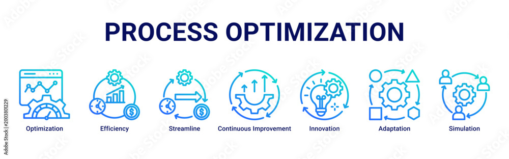 Naklejka premium Process Optimization web banner icon vector illustration featuring Optimization, Efficiency, Streamline, Continuous Improvement, Innovation, Adaptation and Simulation