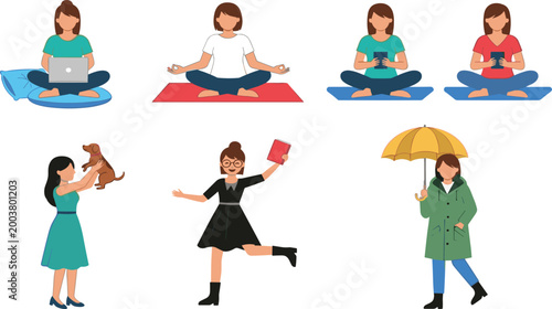 Women Daily Lifestyle Cartoon Vector Set with Meditation, Working on Laptop, Reading Book, Drinking Coffee, Walking with Umbrella, and Casual Activities Design.