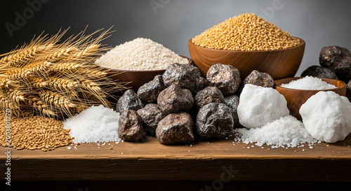 Various raw agricultural and mineral commodities on wooden table