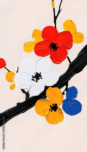 Vibrant Floral Painting Red, White, Yellow, and Blue Flowers on Black Branch