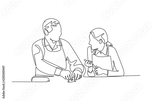 Grandpa teach preteen granddaughter prepare pastries, blab, kneading dough. Family Recipes concept. Single line draw design. Vector graphic illustration