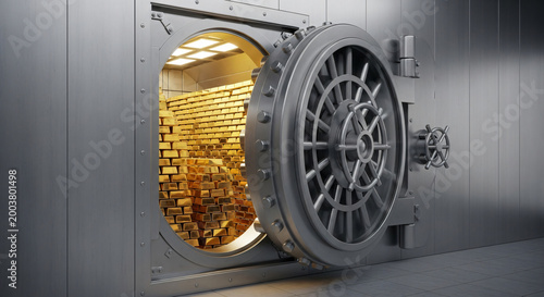 Open bank vault door revealing stacks of gold bullion bars