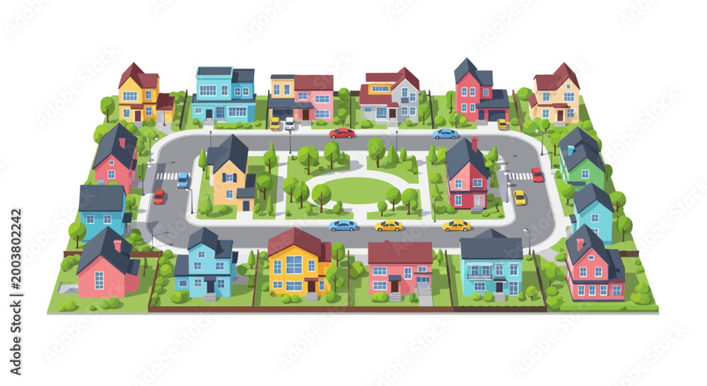Obraz premium Vector illustration of a property listing with houses and roads in a suburban neighborhood