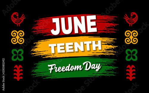 Juneteenth Freedom Day Brush Stroke Design with African Pattern Elements on Black Background. Bold Juneteenth design with vibrant colors, brush strokes, and African cultural elements.

