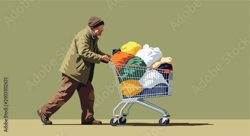 An elderly man in a winter coat pushes a metal shopping cart filled with bags