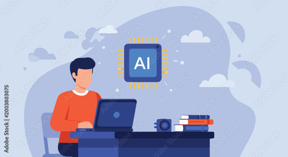 Fototapeta premium A man sitting at a desk with a laptop working on artificial intelligence tech