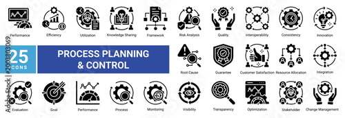 Schilderij op canvas Process Management icon set featuring performance,efficiency,risk analysis,quality,and monitoring concepts
