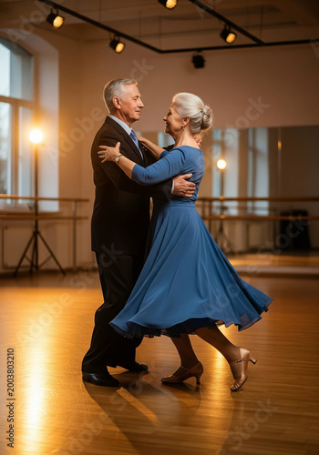 Elderly couple dancing ballroom together.