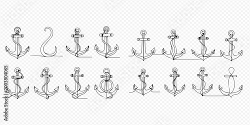Continuous line drawing of anchors with ropes, nautical symbols for stability and marine themes, vector illustration set.