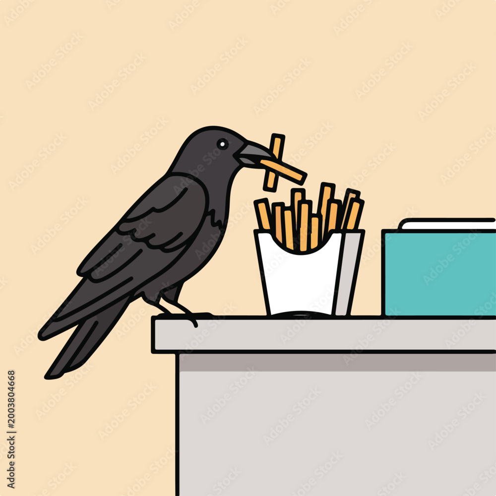 Fototapeta premium A stylized vector illustration of a black crow eating french fries on a counter