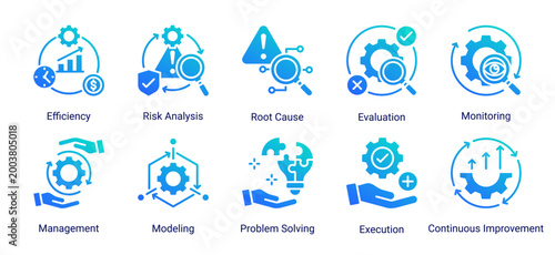 Process Management icon set featuring management,analysis,monitoring,and continuous improvement concepts.Ideal for business systems,process control,and performance evaluation.