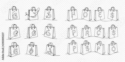 Continuous line art of shopping bags with currency symbols and 'SHOP PRICES' text, representing commerce and retail.