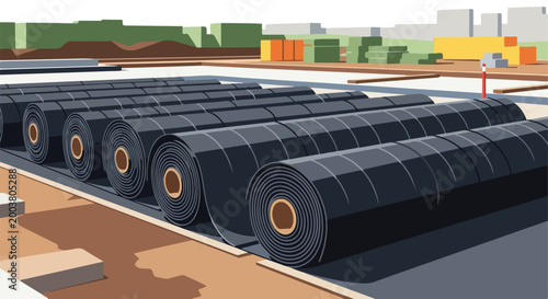 Rows of large black waterproofing membrane rolls at a suburban construction site
