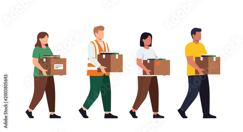 Four diverse people in casual clothes carry cardboard boxes in a single file line