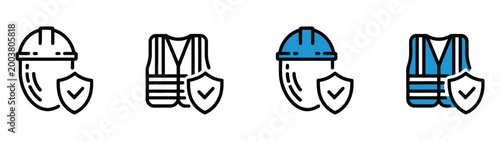 Workplace safety icon different style outline collection set, construction and industrial safety symbols, clean line art icons for protective equipment
