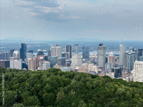 Montreal downtown skyline from Mount Royal with park, lake and greenery in summer, Quebec, Canada. g.