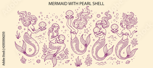 Mermaid with Pearl Shell, Vintage Nautical Retro, Monoline Line Art, Illustration Collection 