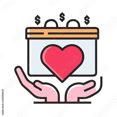 Donation box with heart supported by caring hands on background