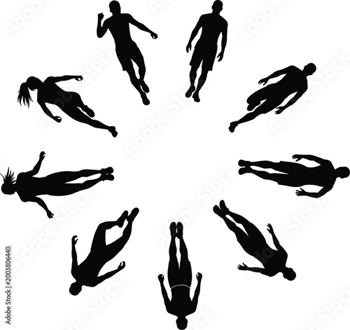 People silhouettes top view collection showing human figures in different positions arranged in circular composition isolated on white background