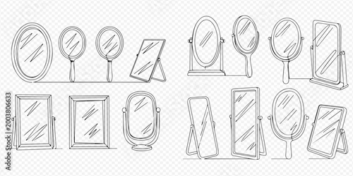 Set of Hand-Drawn Sketch Mirrors: Various Shapes and Styles for Home Decor and Reflection.