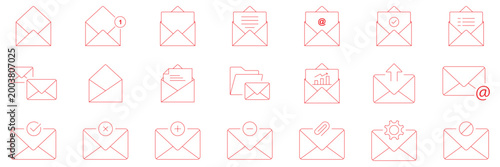 Mail and email outline icon set, envelope message inbox and attachment vector icons isolated