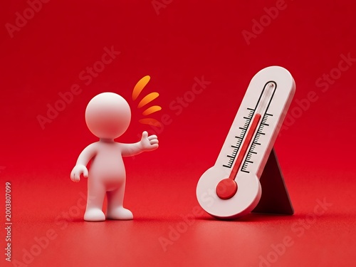 Friendly Character with Thermometer on Red Background for Health Concept