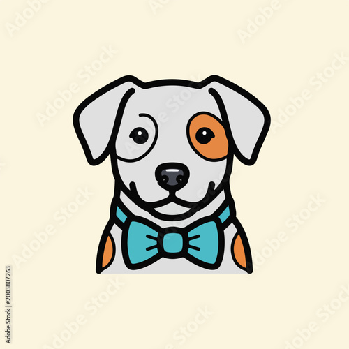 A cartoon illustration of a cute white puppy wearing a light blue bow tie