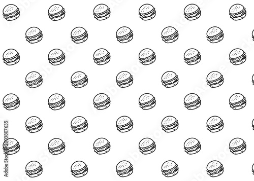 Seamless burger illustration. Burger pattern with black outline and white background. Food packaging, menu illustration