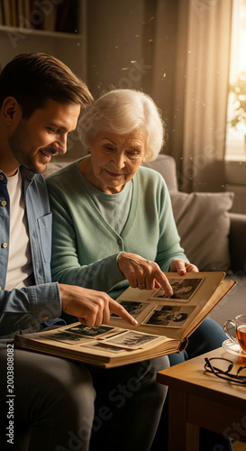Man and senior woman looking photos.